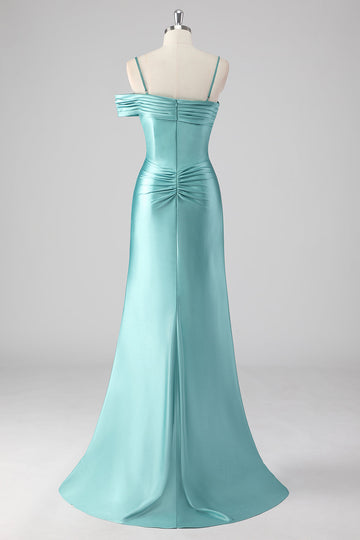 Guaina blu pieghettato Spaghetti Straps Abito lungo da ballo